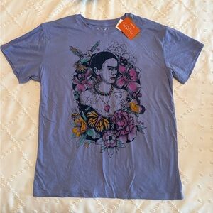 Graphic Print Blue T-Shirt Frida Kahlo artist floral women’s